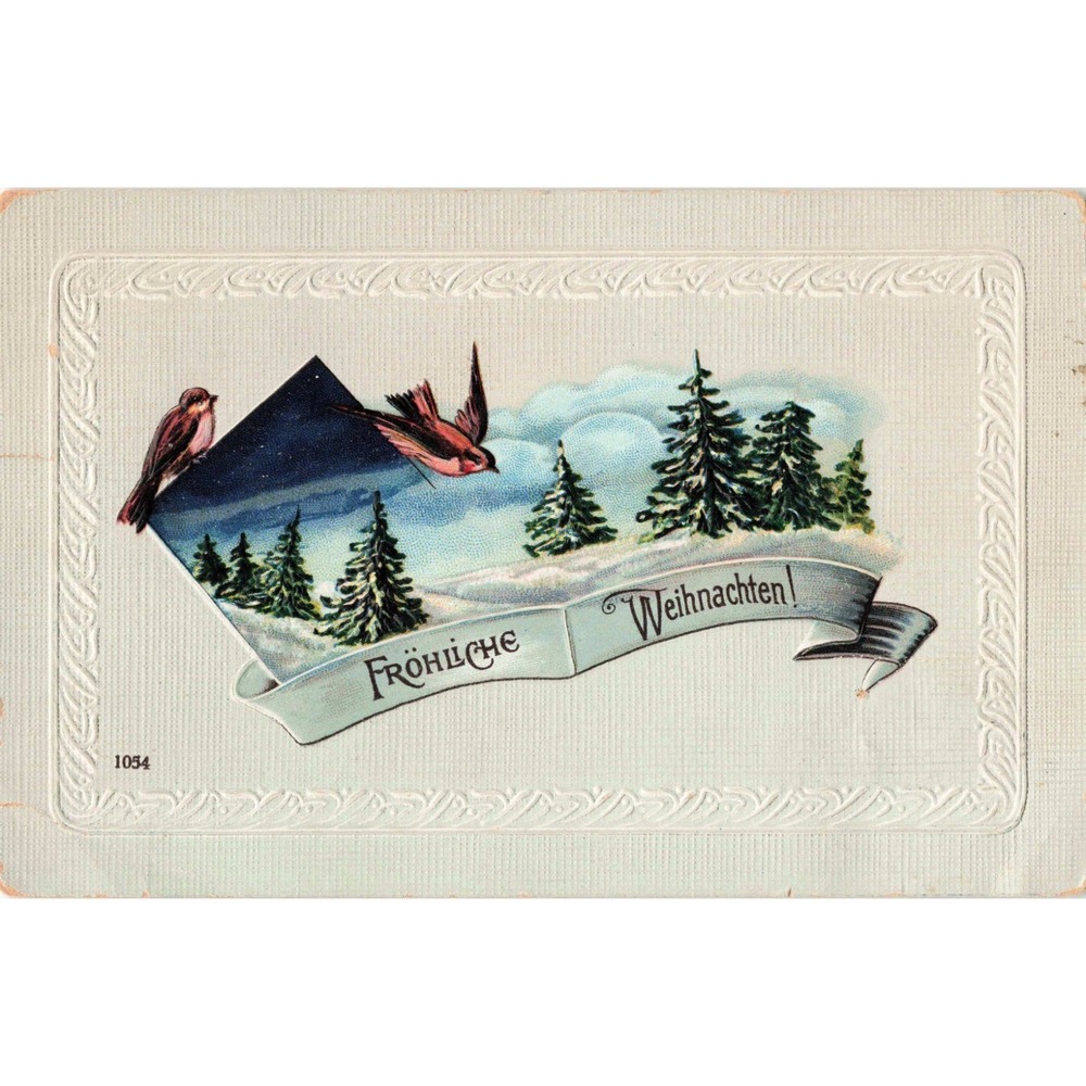Christmas Postcard Frohliche Weihnachten German Birds Winter Snow Embossed 1054 - Picture 1 of 2